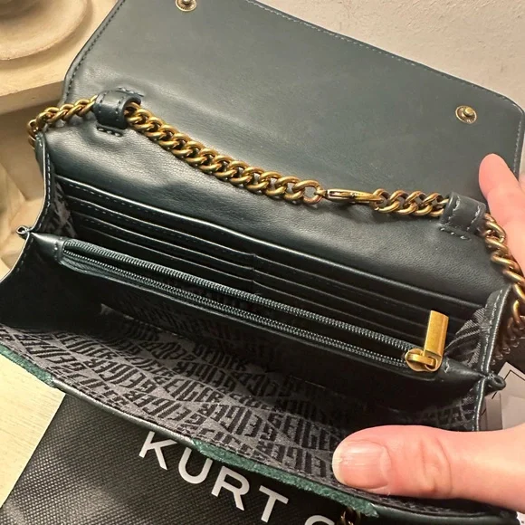 Kurt Geiger Soho Wallet on a Chain Crossbody Dark Green Suede and Leather - Picture 9 of 13